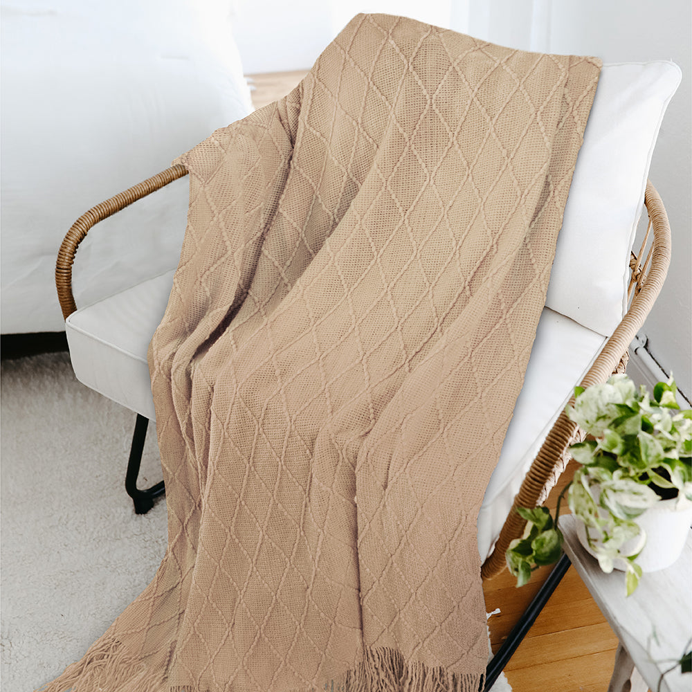 Diamond Knit Textured Fringe Throw Blanket