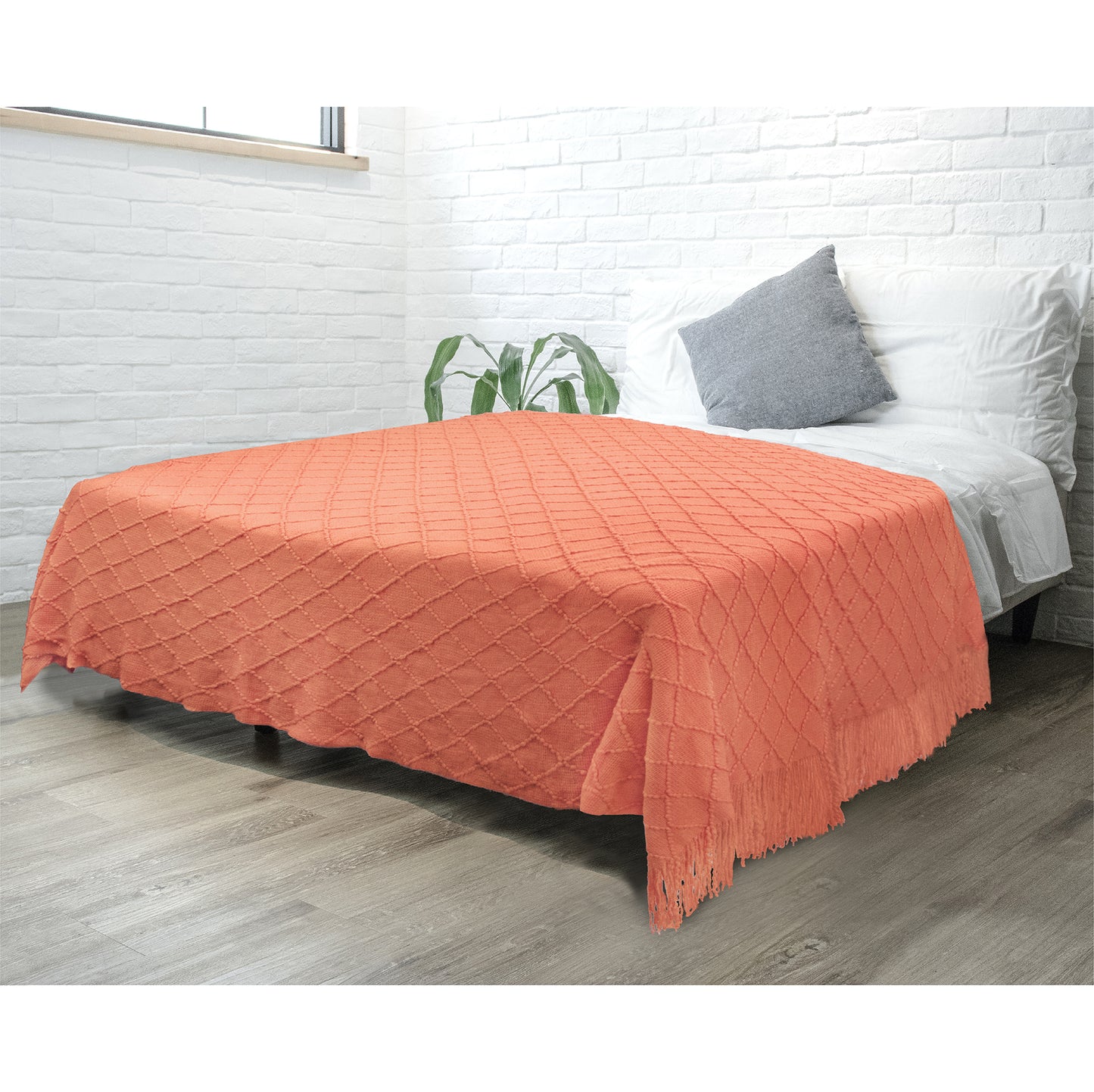 Diamond Knit Textured Fringe Throw Blanket
