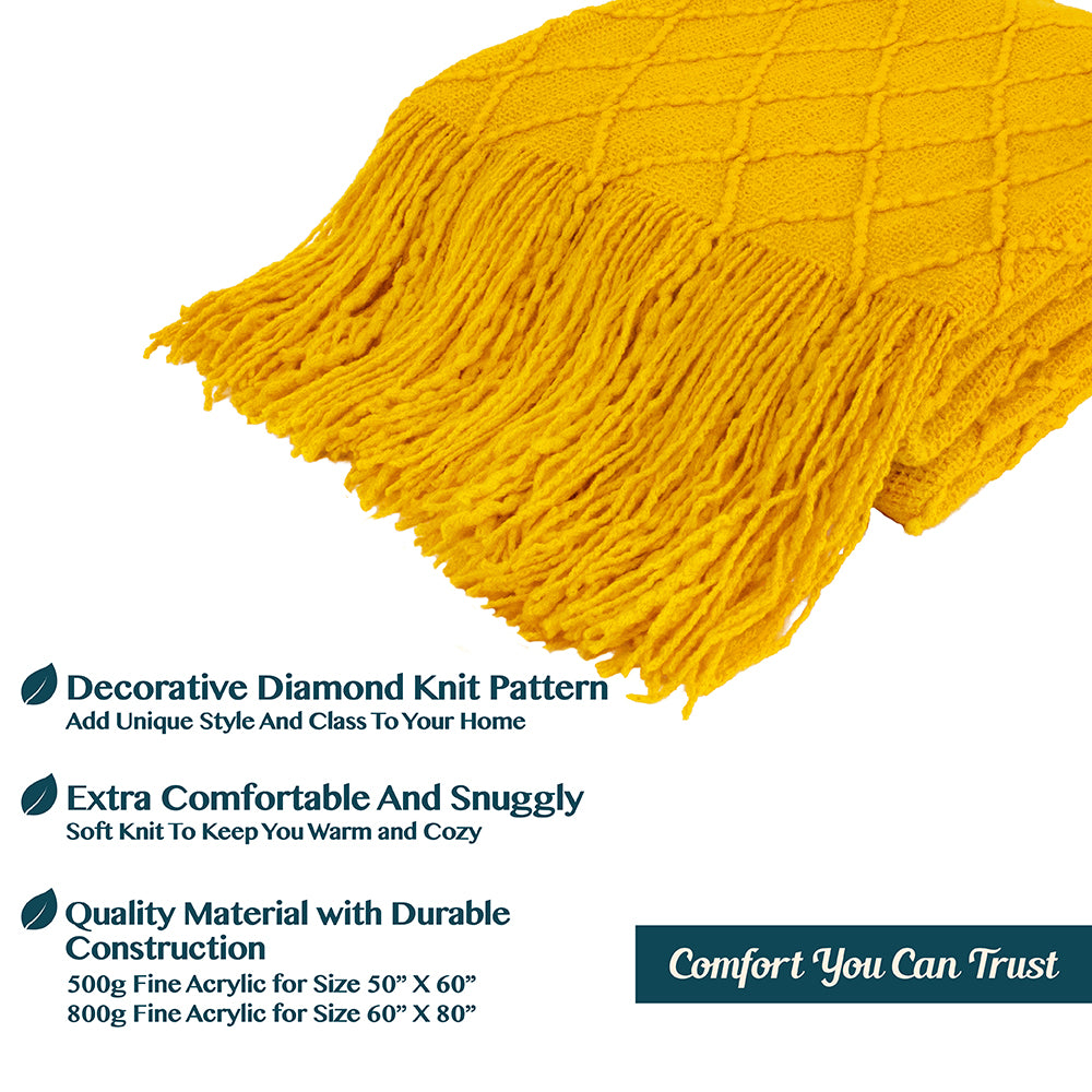 Diamond Knit Textured Fringe Throw Blanket