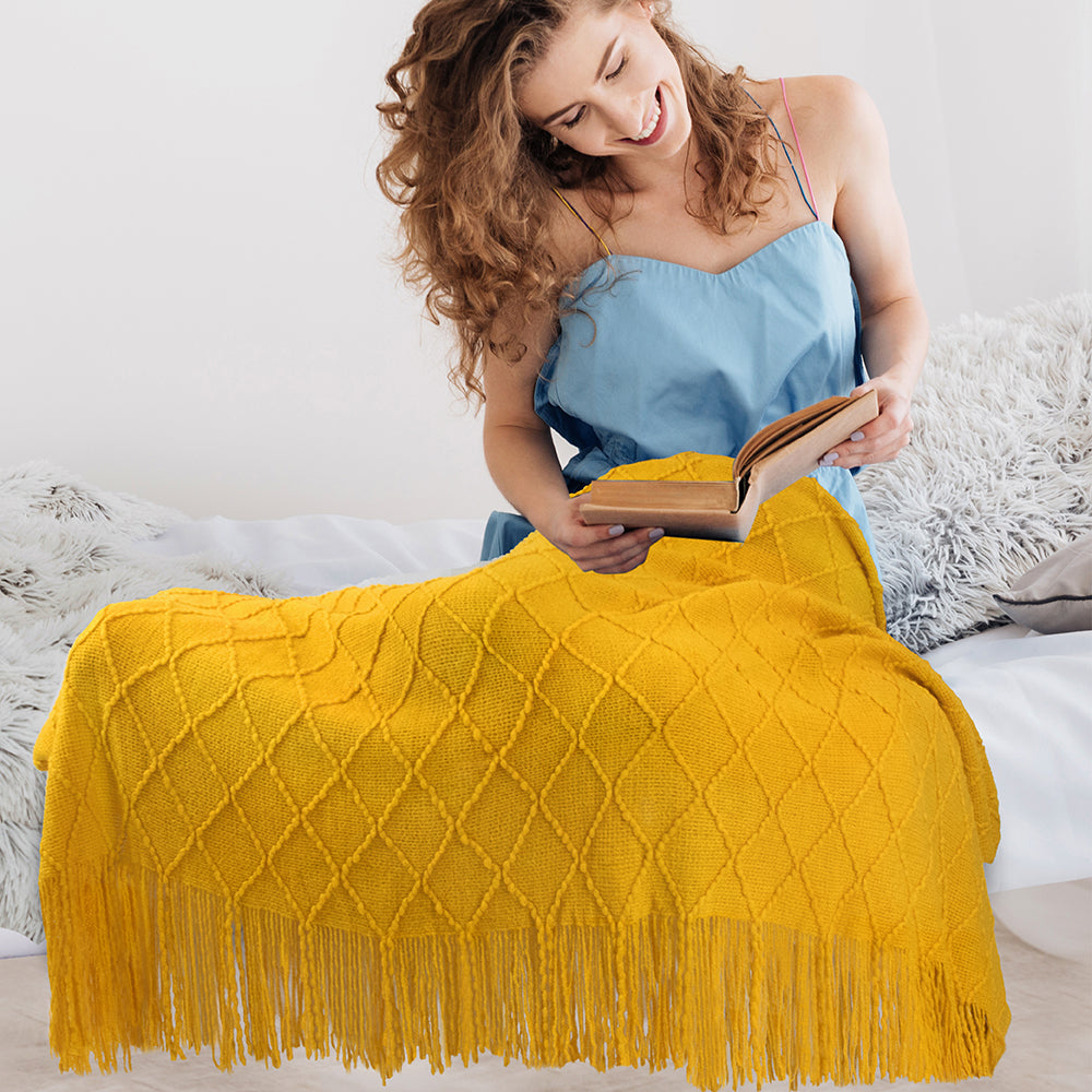 Diamond Knit Textured Fringe Throw Blanket