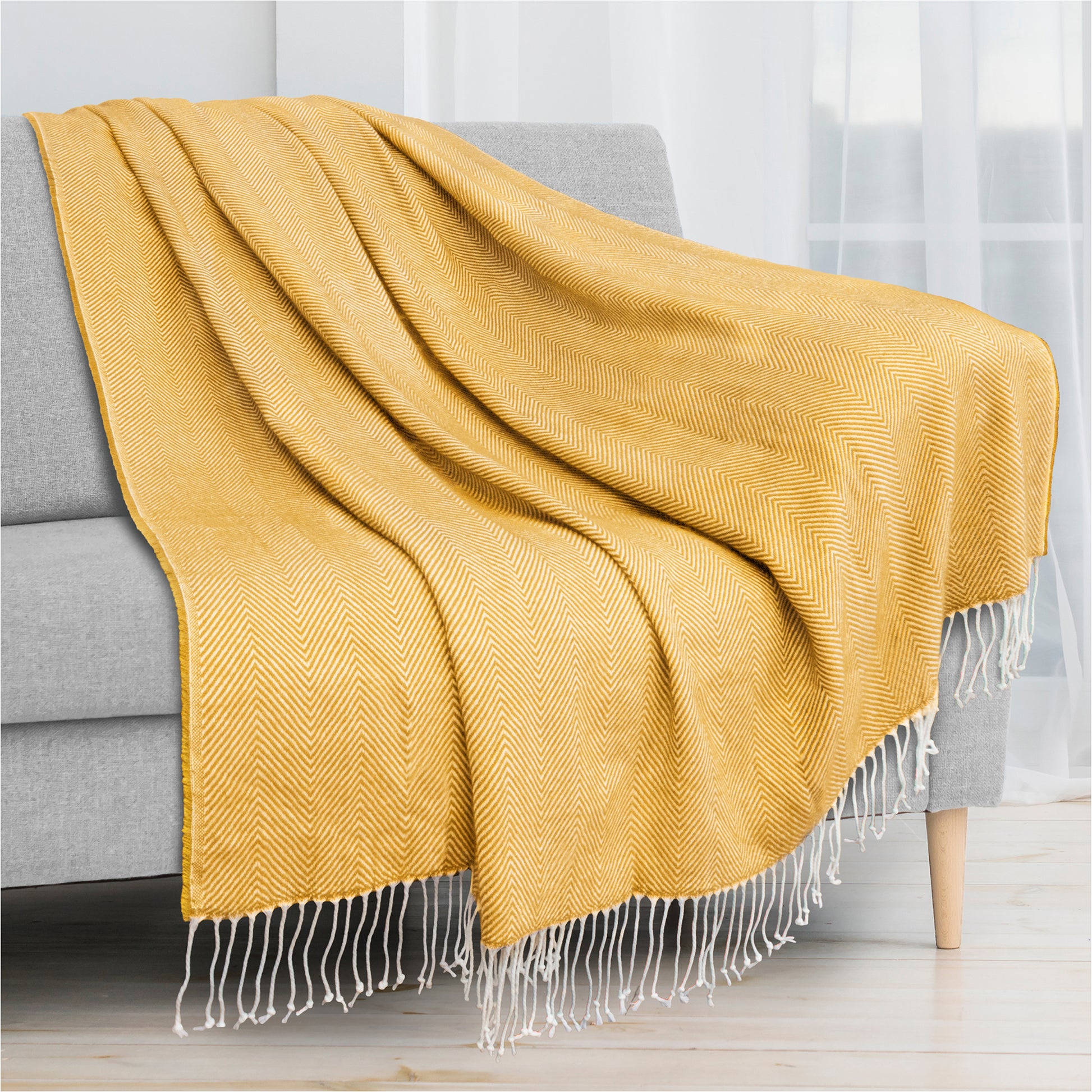 Herringbone Knit Fringe Throw Blanket