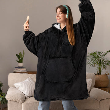 Hooded Blanket Poncho, Wearable Blanket Wrap with Hand Pockets