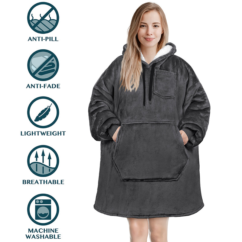 Chest Pocket Sherpa Hoodie Blanket - Kangaroo Pocket (Regular / Long)