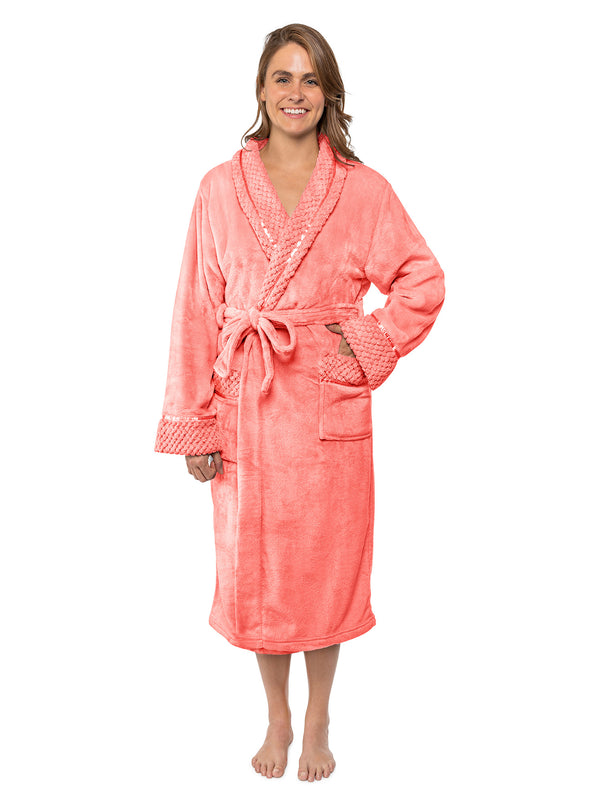 Women's Satin and Waffle Trim Fleece Robe