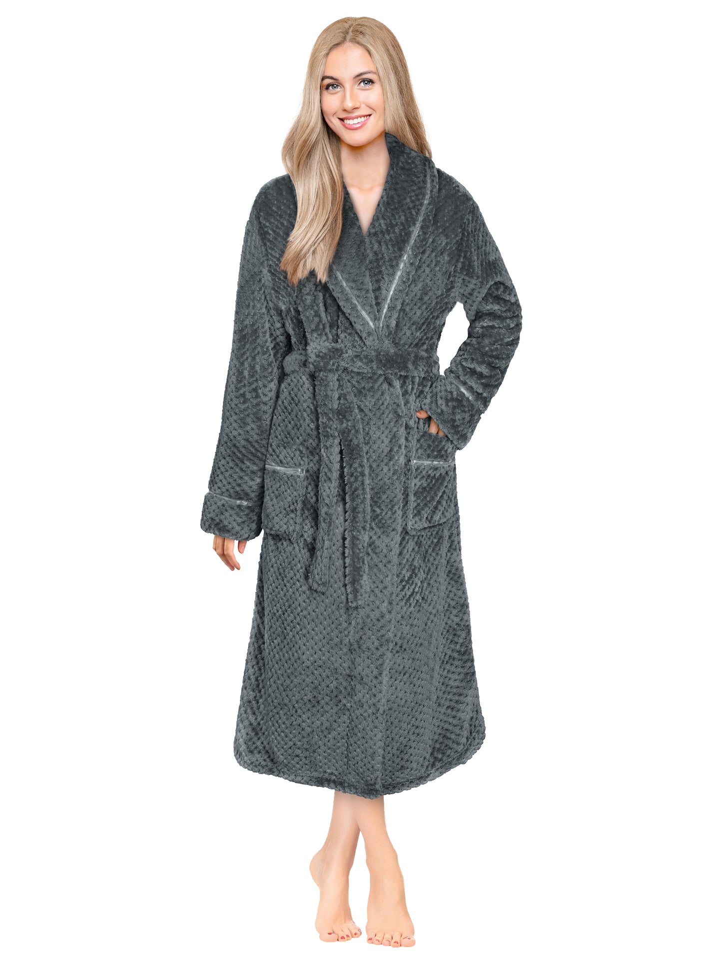 Women's Waffle Textured Satin Trim Fleece Robe