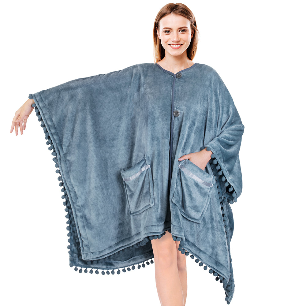 Classic Pom Pom Fringe Poncho Blanket