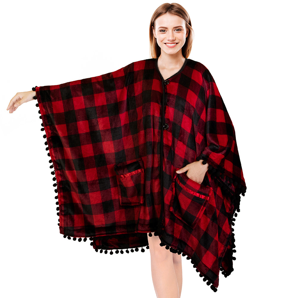 Classic Pom Pom Fringe Poncho Blanket