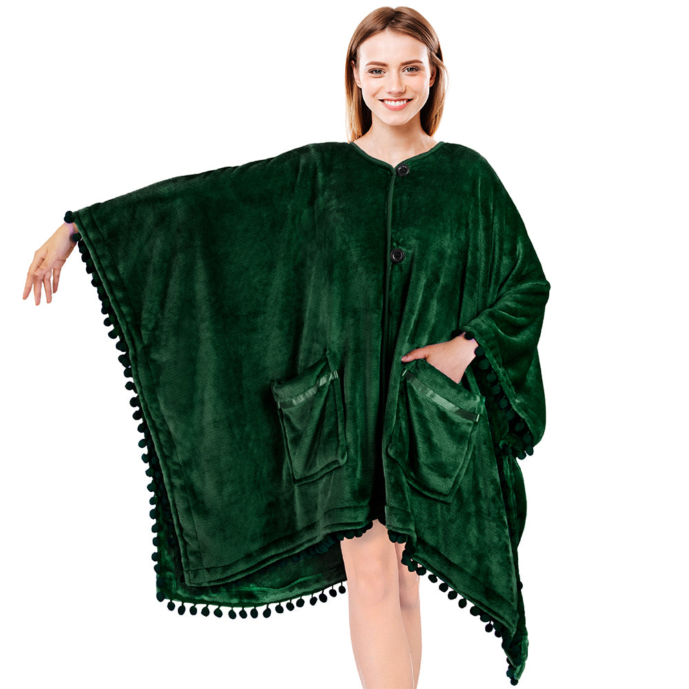 Classic Pom Pom Fringe Poncho Blanket