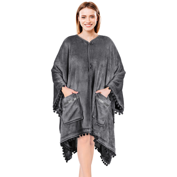 Classic Pom Pom Fringe Poncho Blanket