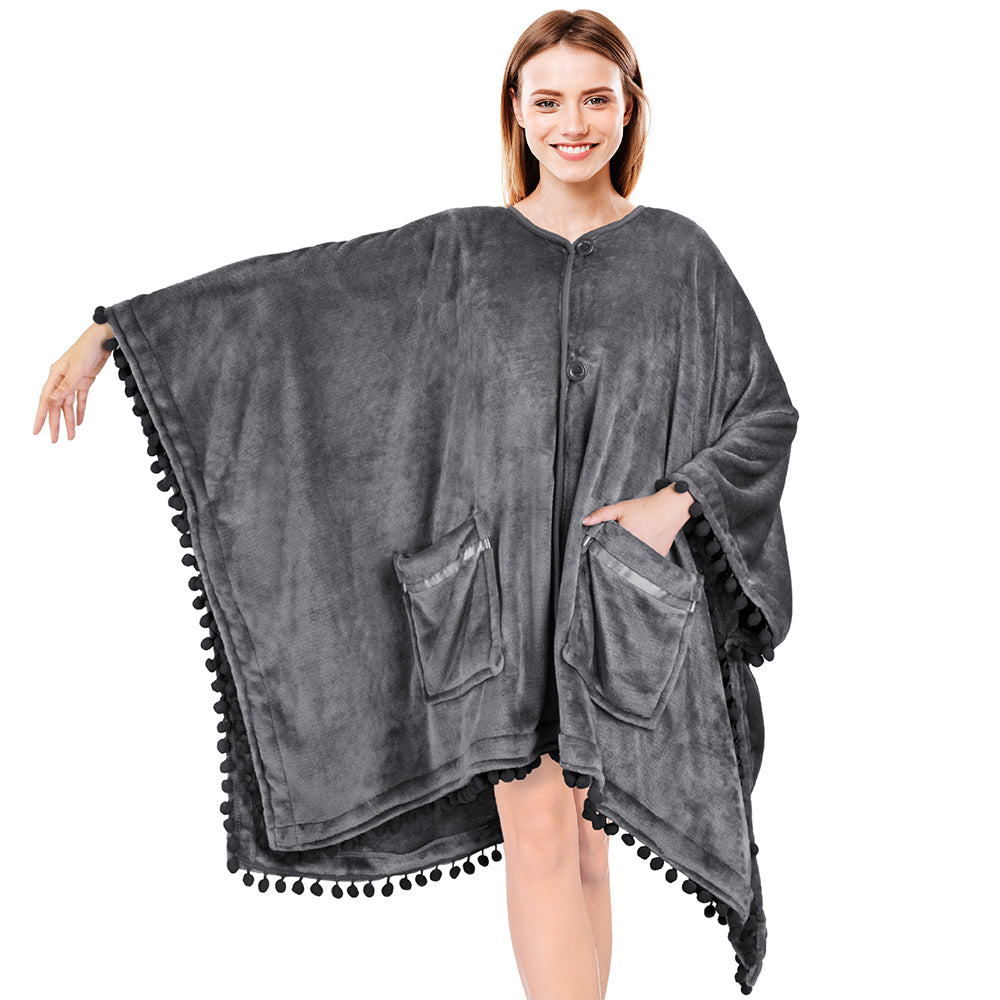 Classic Pom Pom Fringe Poncho Blanket