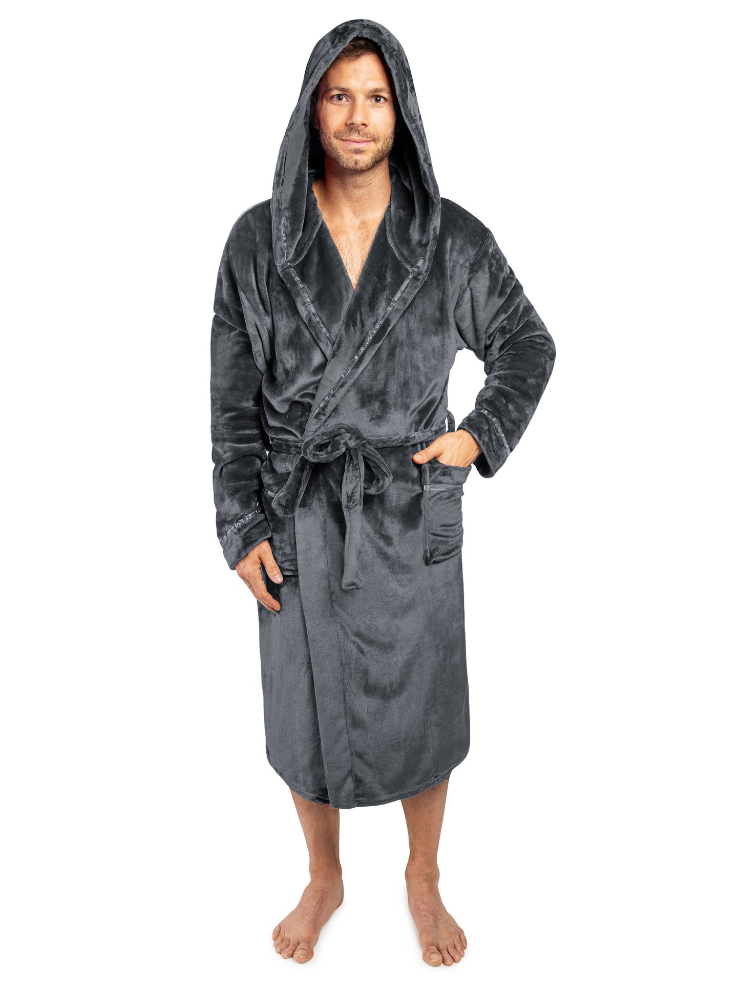 Men's Satin Trim Fleece Robe with Hood