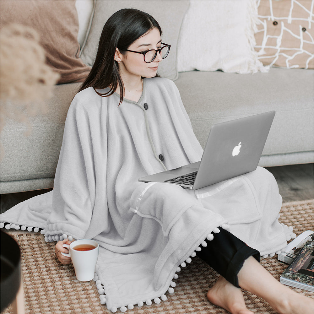 Classic Pom Pom Fringe Poncho Blanket