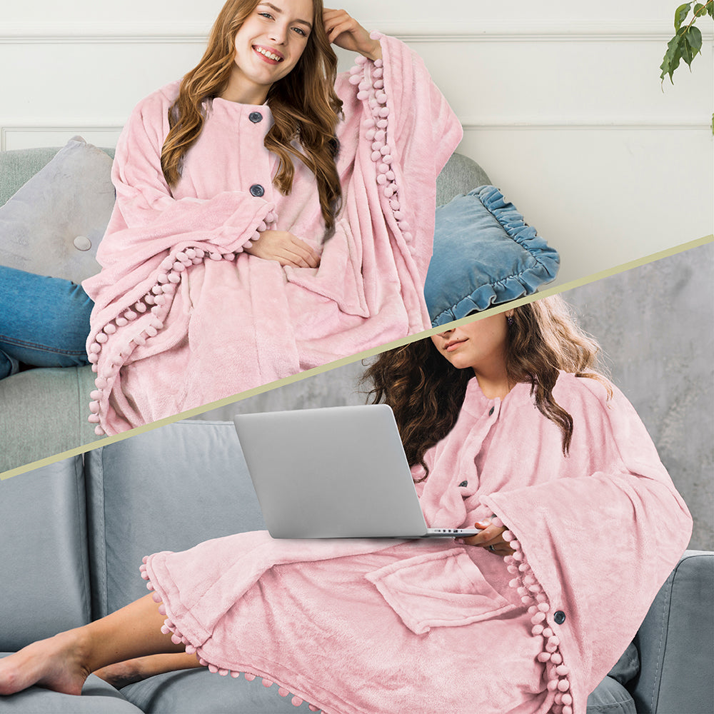 Angel Wrap Pom Pom Fringe Poncho Blanket