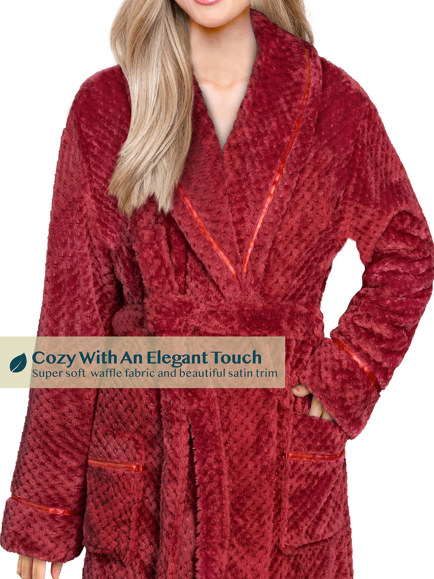 Women's Waffle Textured Satin Trim Fleece Robe