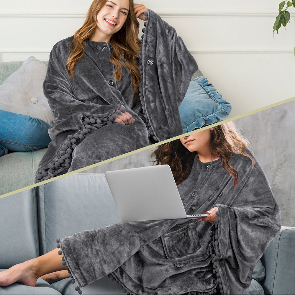 Angel Wrap Pom Pom Fringe Poncho Blanket