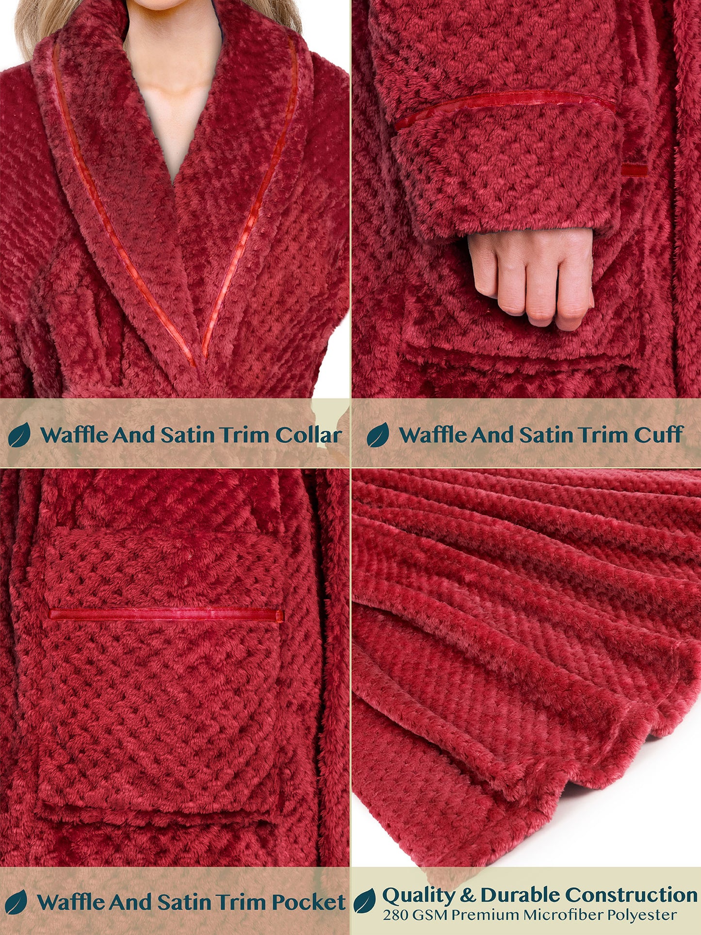 Women's Waffle Textured Satin Trim Fleece Robe