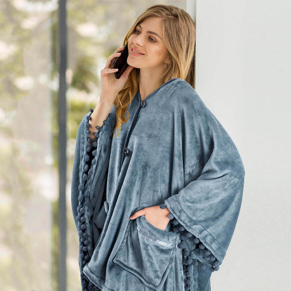 Classic Pom Pom Fringe Poncho Blanket