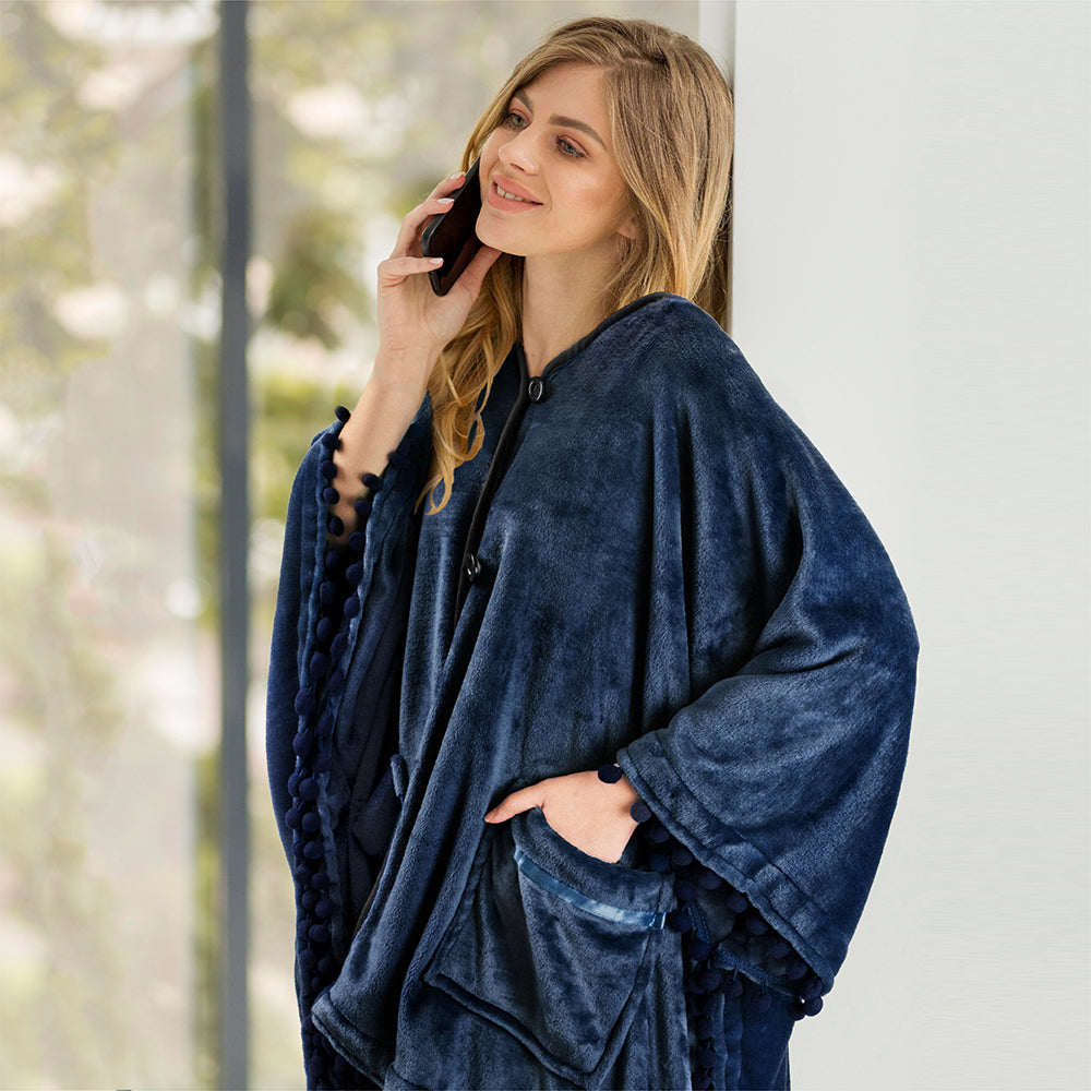 Classic Pom Pom Fringe Poncho Blanket