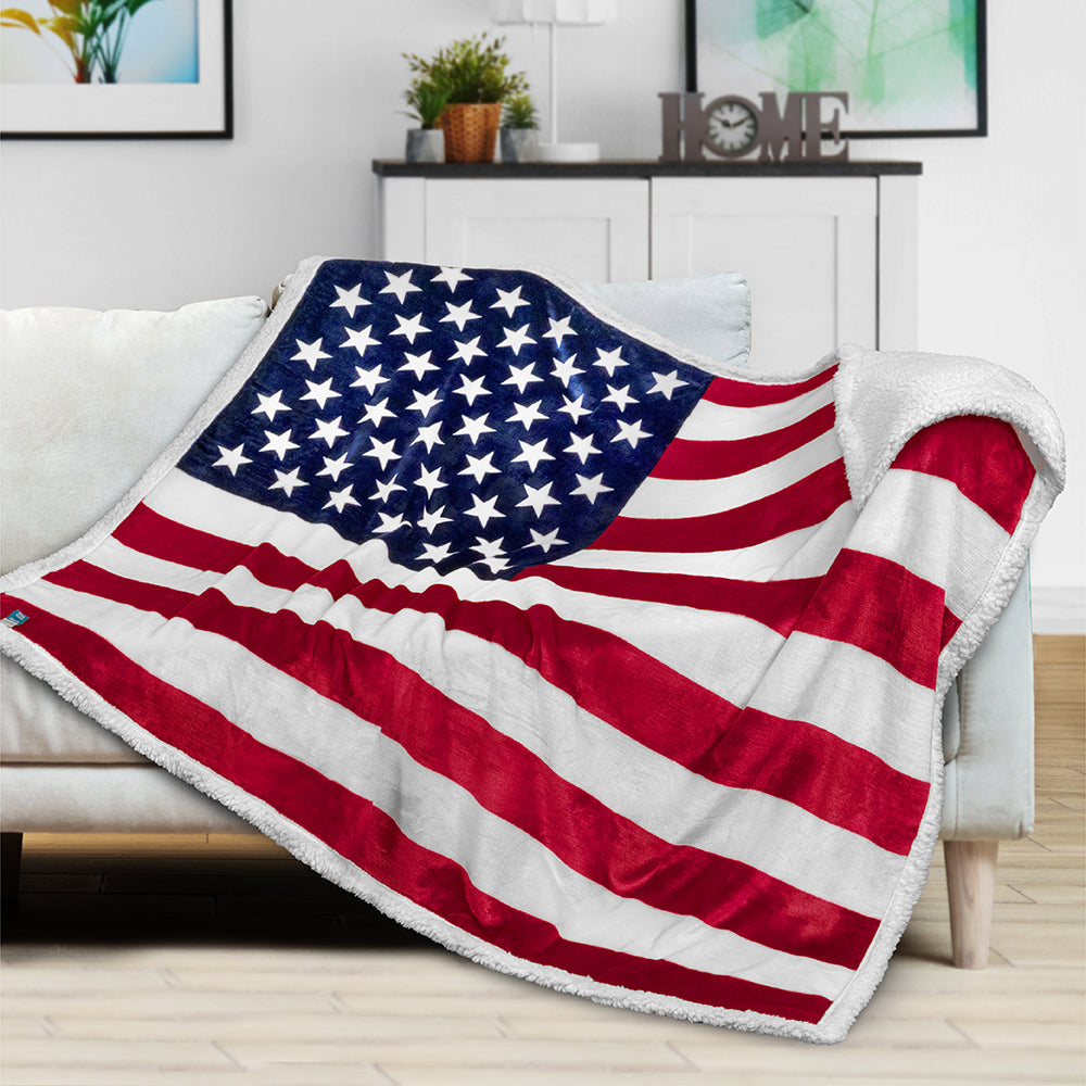 US Flag Patriotic Sherpa Fleece Throw Blanket