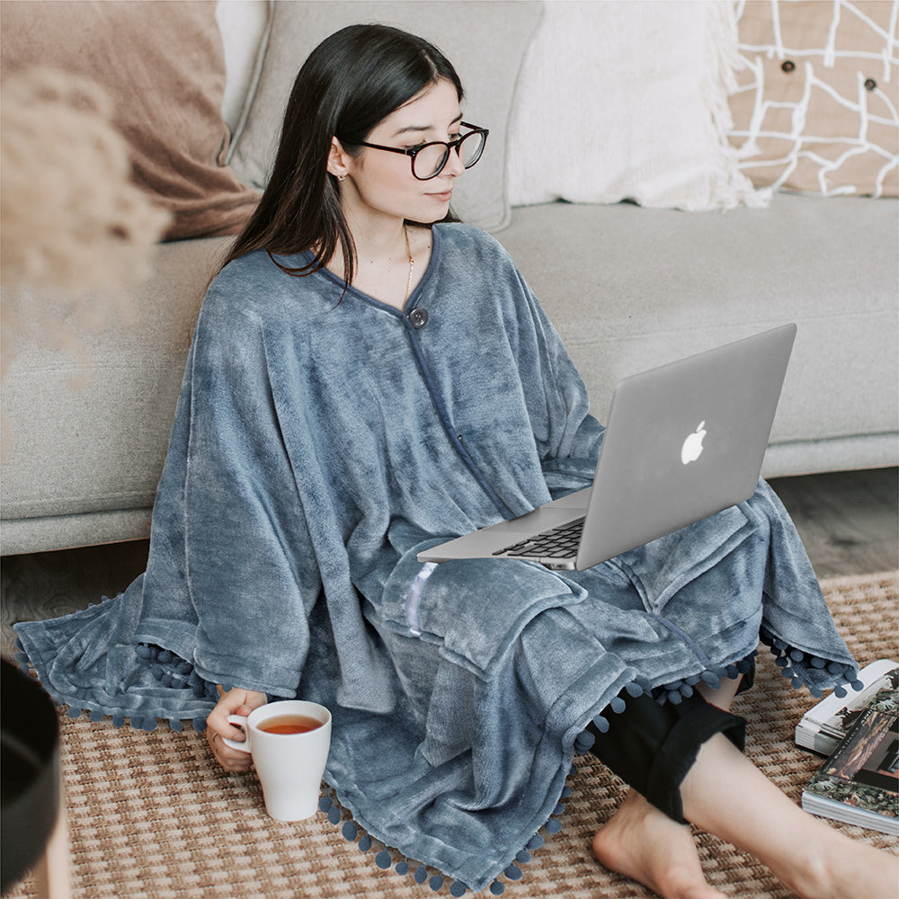 Classic Pom Pom Fringe Poncho Blanket